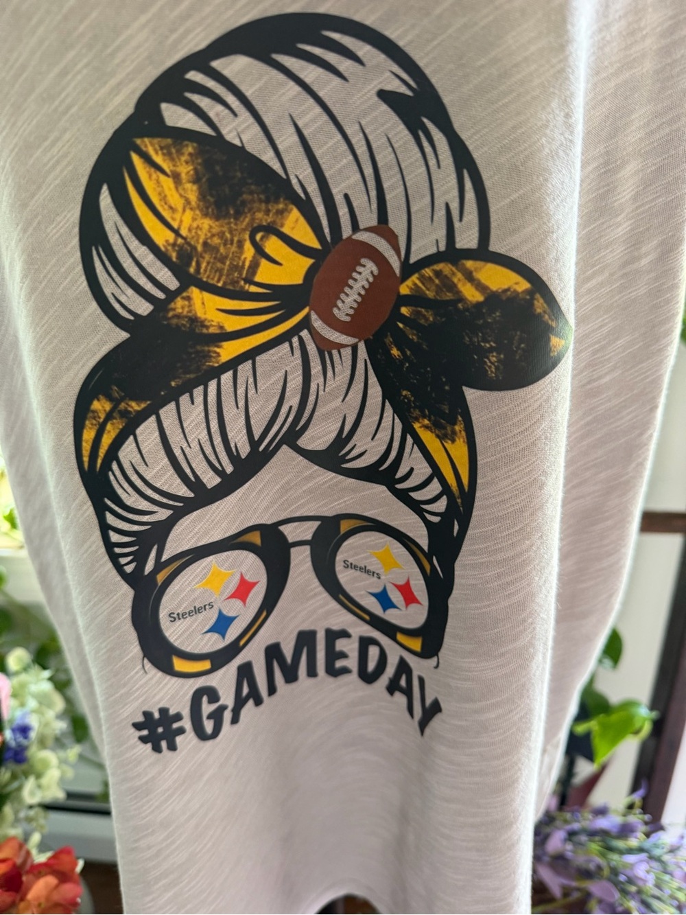#GAMEDAY  Steelers Women's V-Neck Graphic Tee - Tan with Yellow Accent